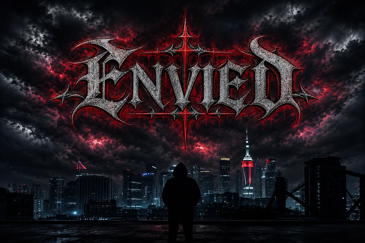 Hooded figure on a rooftop under a stormy red sky with the ENVIED gothic wordmark in the clouds