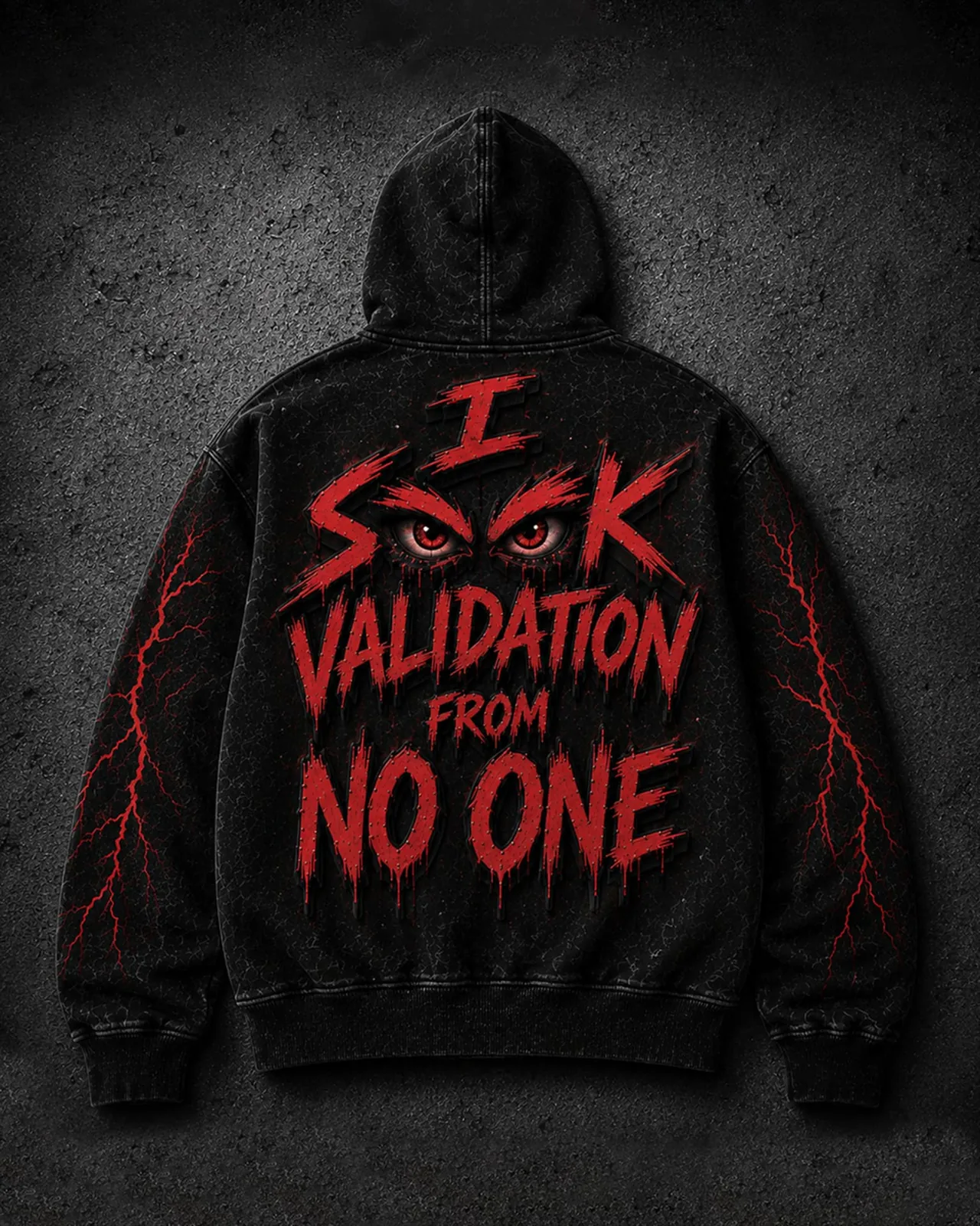 Back of the ENVIED No Validation hoodie with red 'I seek validation from no one' print and lightning sleeves