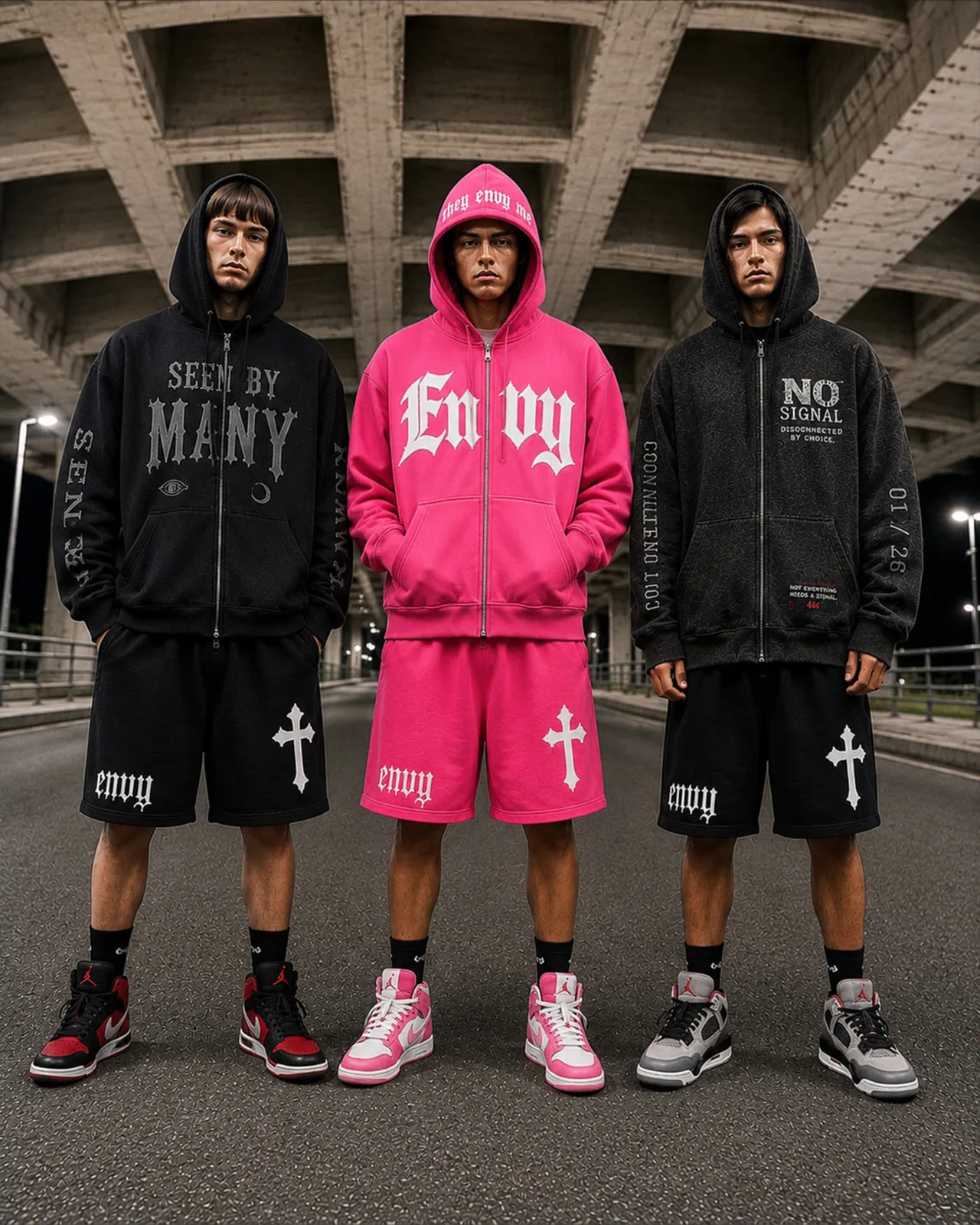 Three models under a concrete underpass in ENVIED zip hoodies and cross-print shorts, black and pink