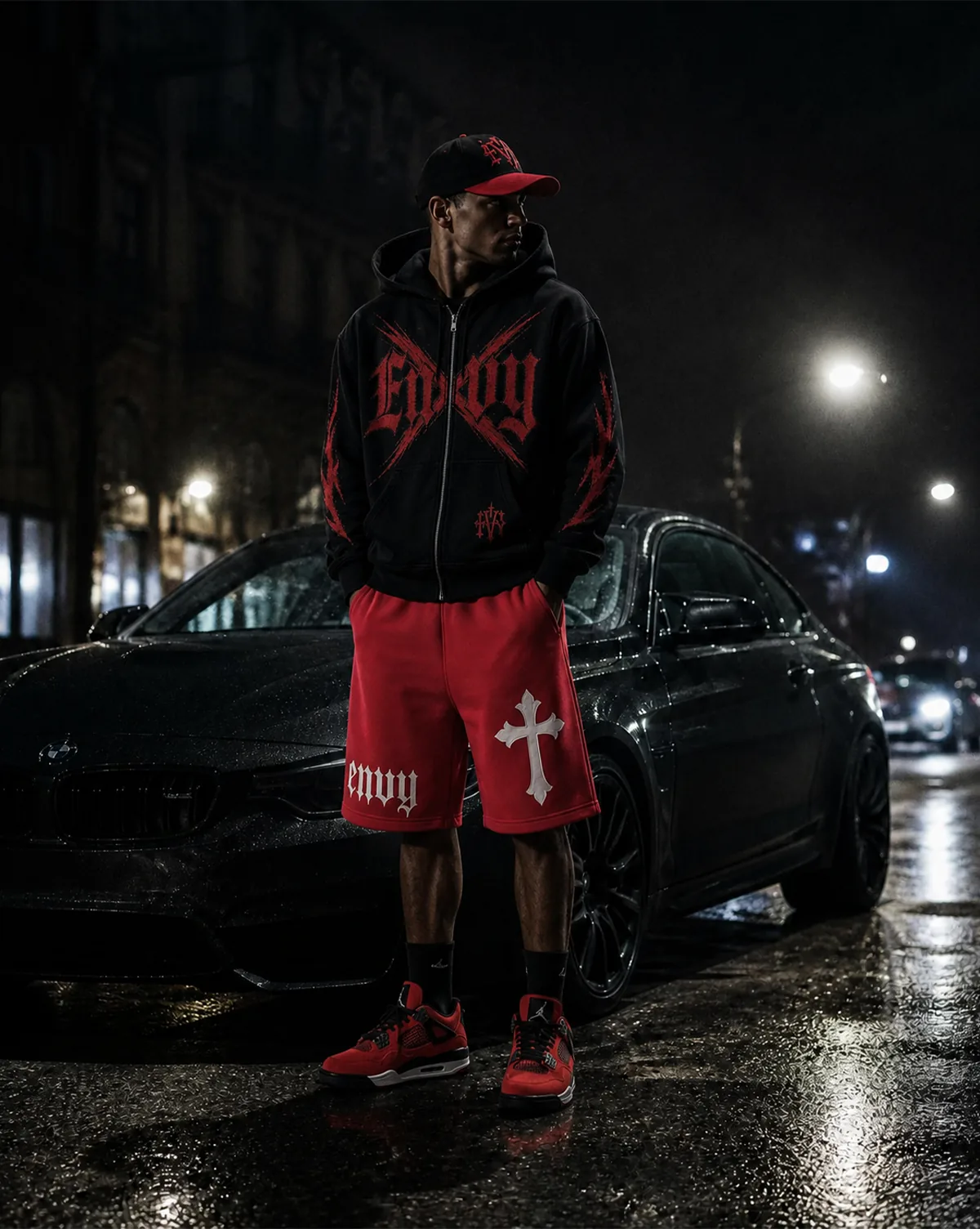 Model wearing the full ENVIED fit at night