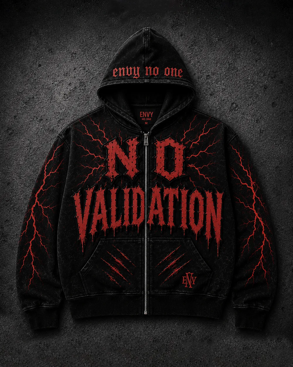 No Validation zip hoodie, front view with red NO VALIDATION lettering