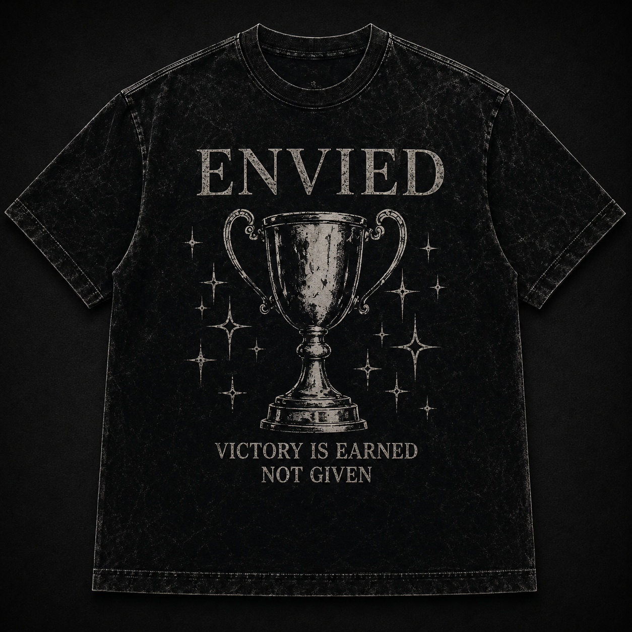 Become Standard Tee — white heavyweight tee with black gothic ENVIED lettering across the chest