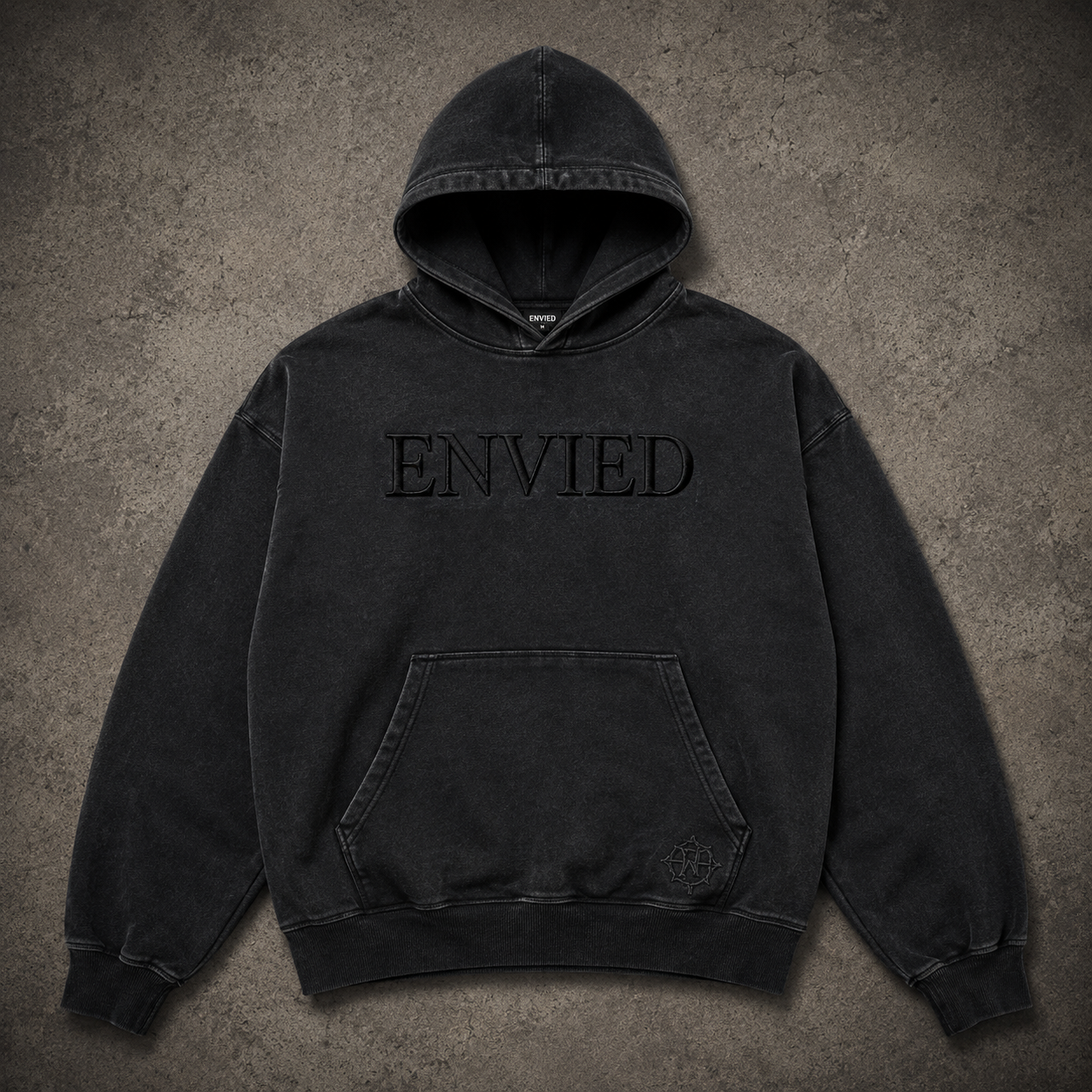 Built In The Dark zip hoodie — deep red with black gothic lettering split by the zip