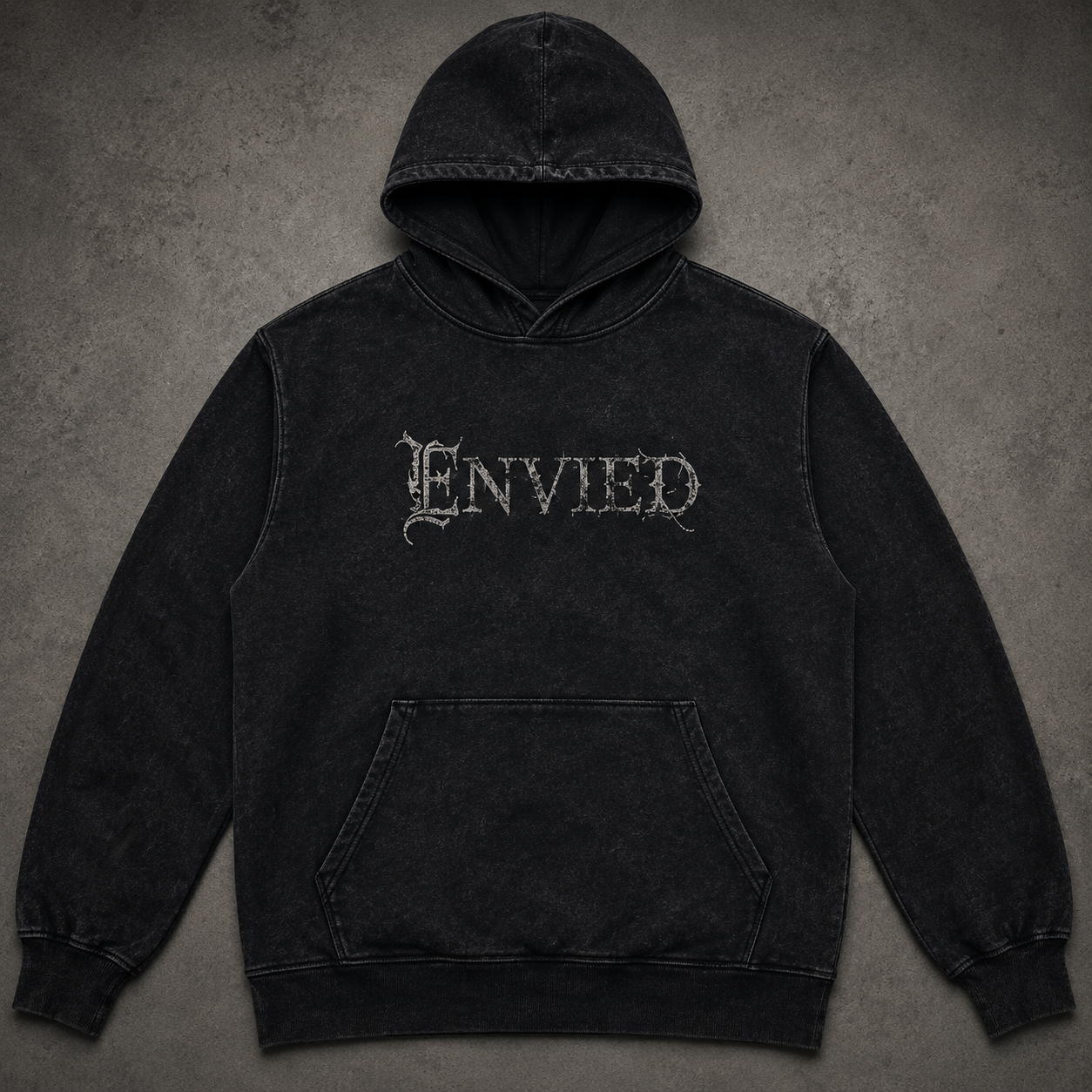 Envied Classic zip hoodie — washed black with cracked red gothic ENVIED print across the chest