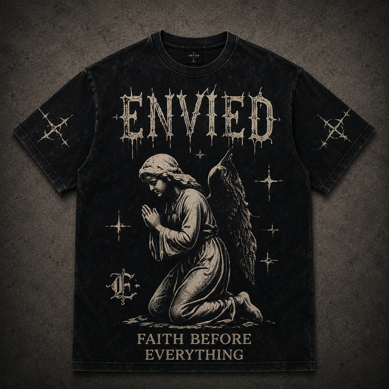 Envy No One Tee — black tee with red distressed gothic ENVY NO ONE print across the chest