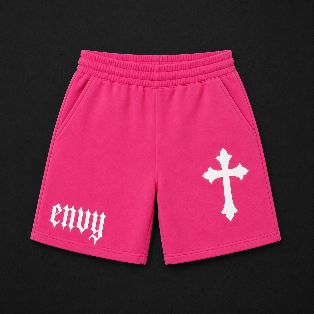 Pink and white split shorts with envy lettering and a silver cross, scattered rhinestones, front and back view