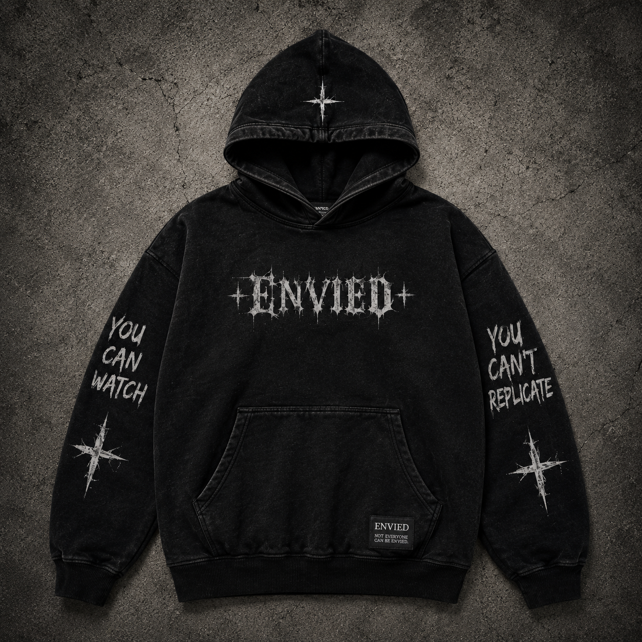 Fear God zip hoodie — bone cream with black blackletter script and cross graphic