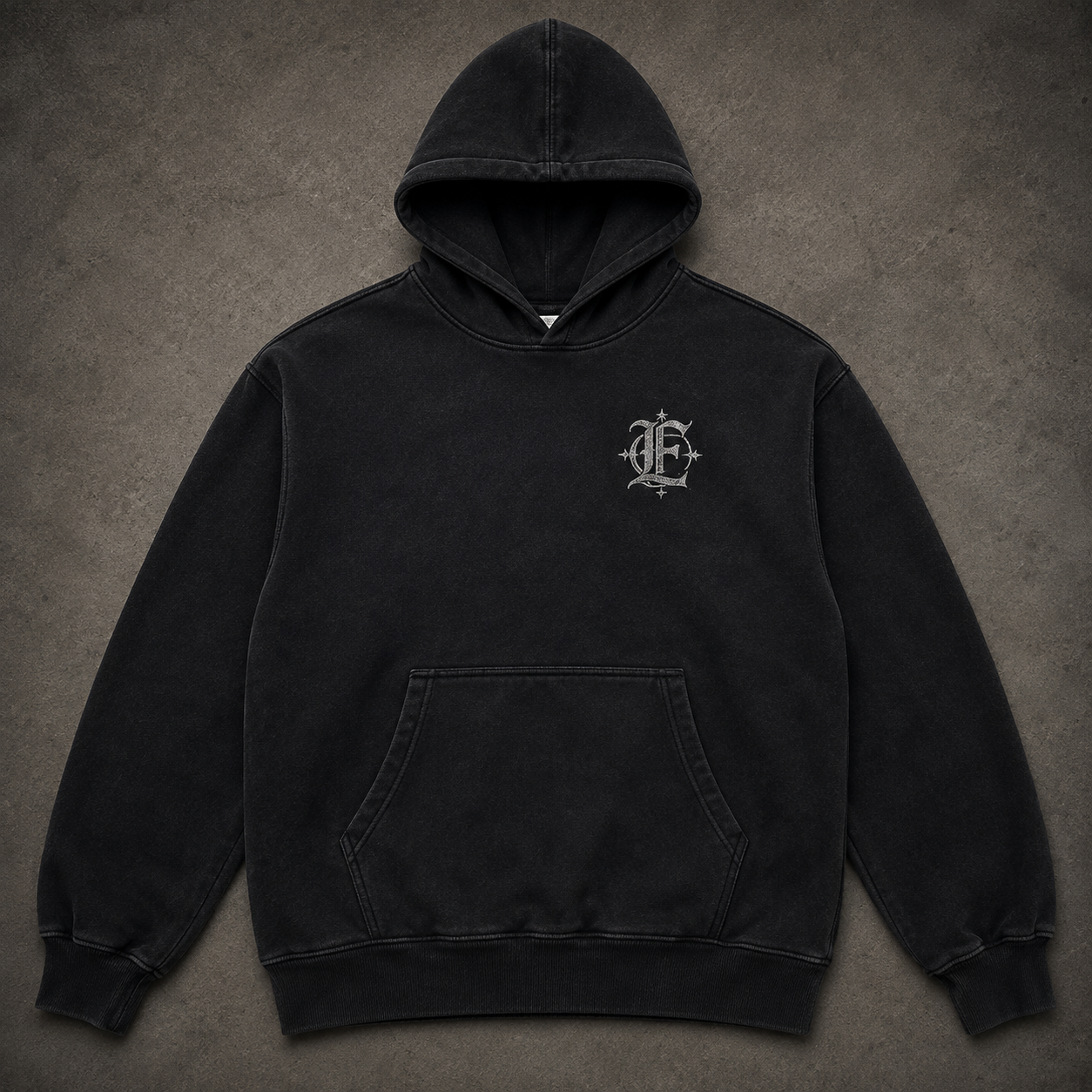 Fear None zip hoodie — charcoal with bone-white gothic FEAR NONE print and thorn crown graphic on the back