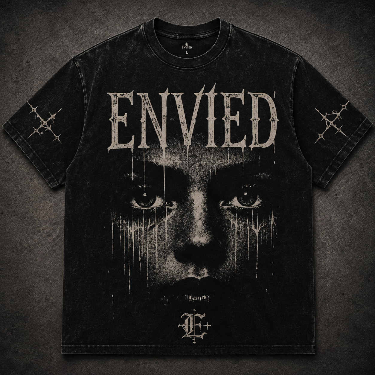Gothic Cross Tee — black tee with a small silver gothic cross print on the chest