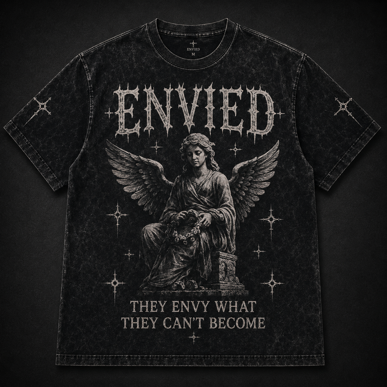 No Crown Tee — light blue heavyweight tee with black gothic text across the chest