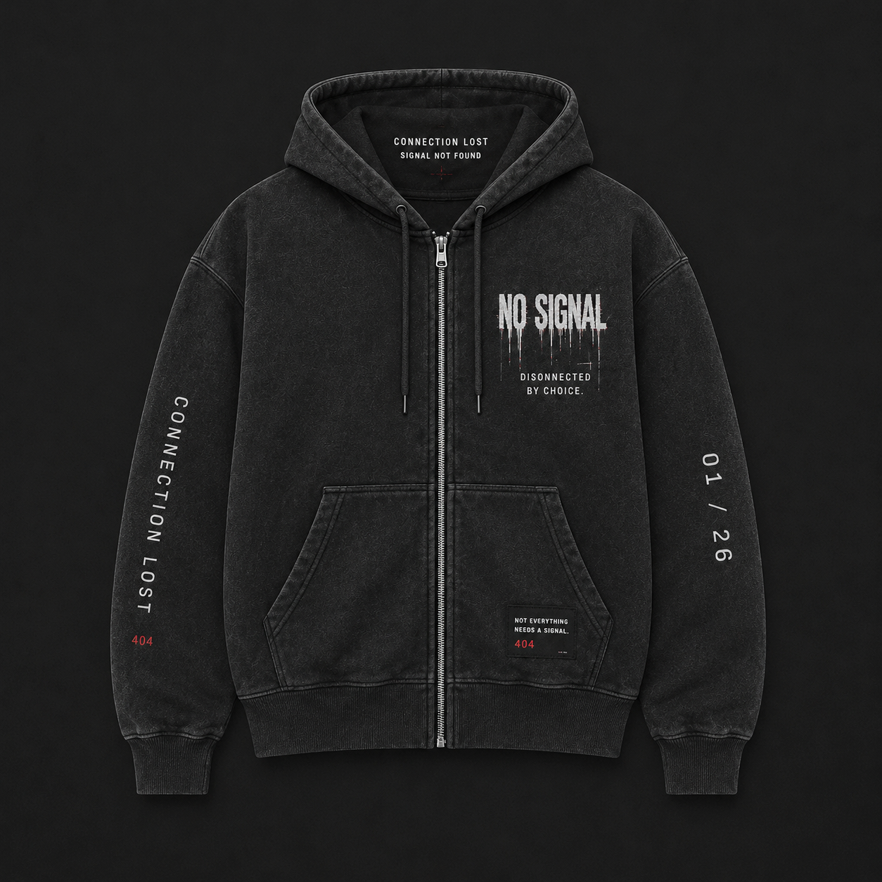Washed black zip hoodie with NO SIGNAL glitch print and CONNECTION LOST 404 back graphic
