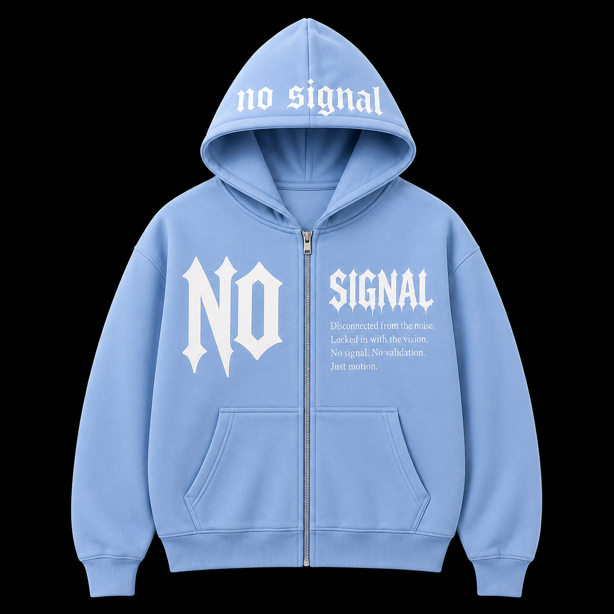 Blue and white split zip hoodie with NO SIGNAL rhinestone lettering front and back