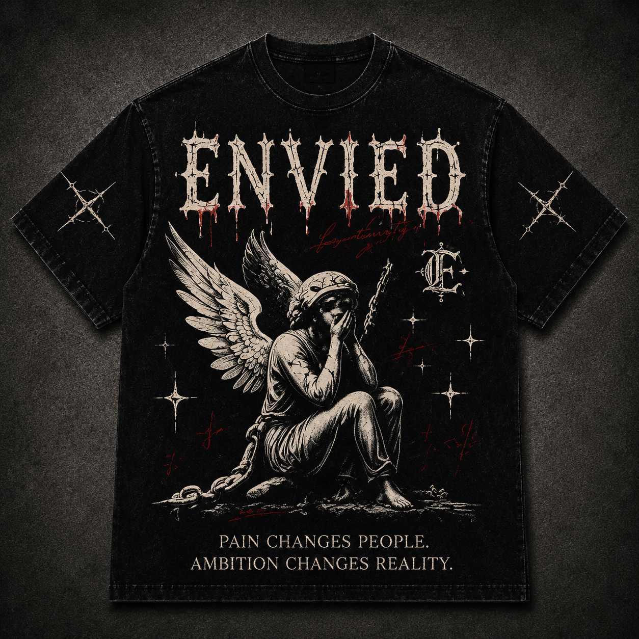 Oxblood Script Tee — deep red tee with black gothic script lettering across the chest