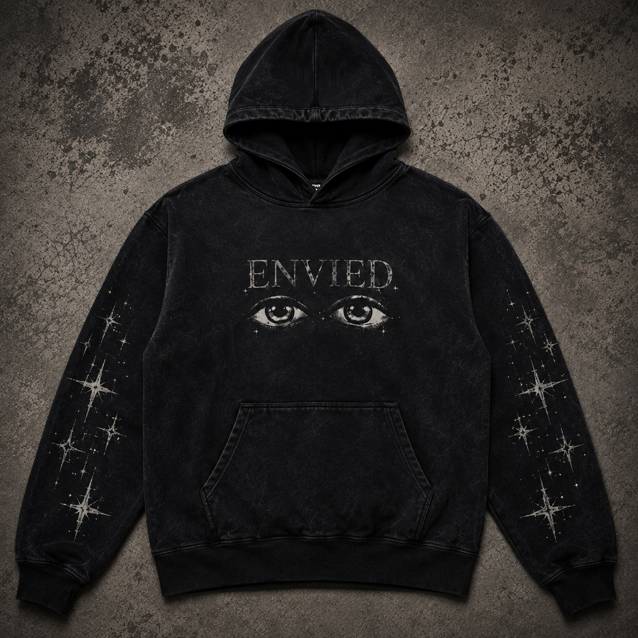 Silence Speaks zip hoodie — charcoal with bone-white back print and thorn detailing