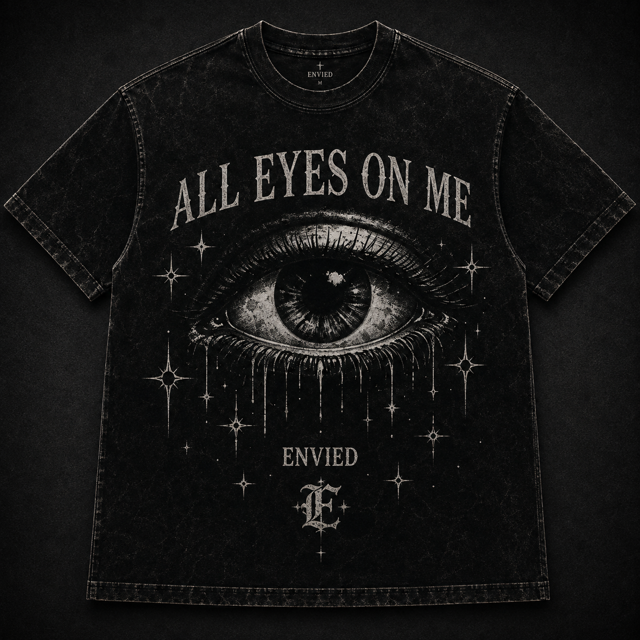 Stay Rare Tee — black tee with a silver gothic cross and ENVIED script on the chest