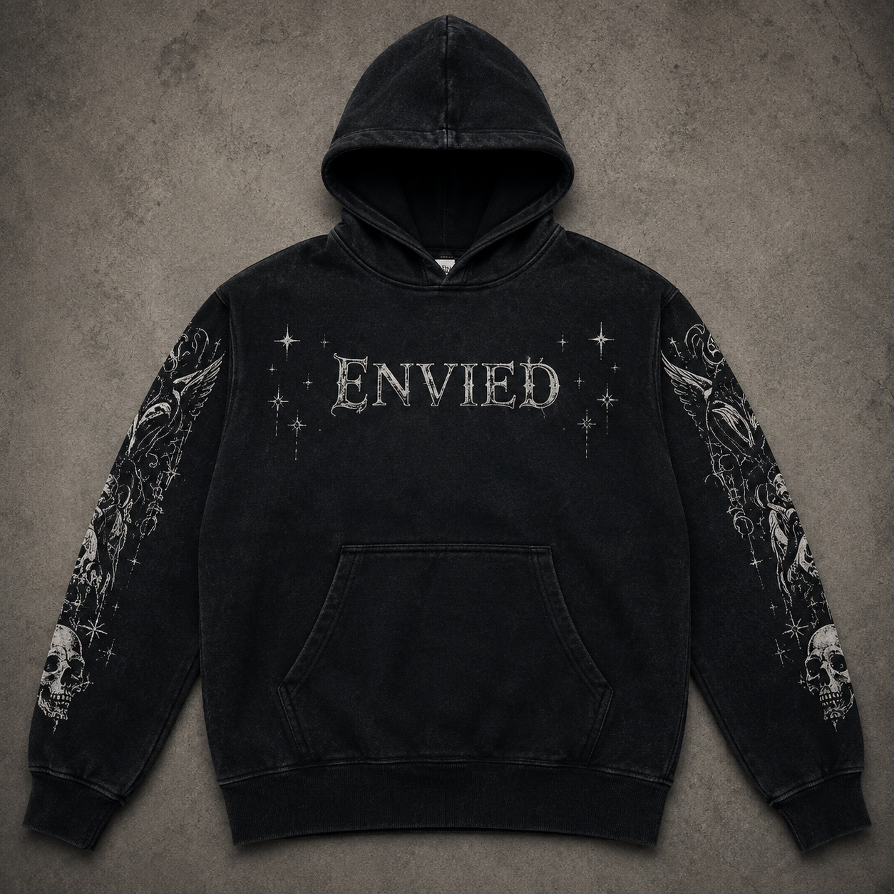 Still Standing zip hoodie — bone cream with black gothic STILL STANDING script and silver cross graphic