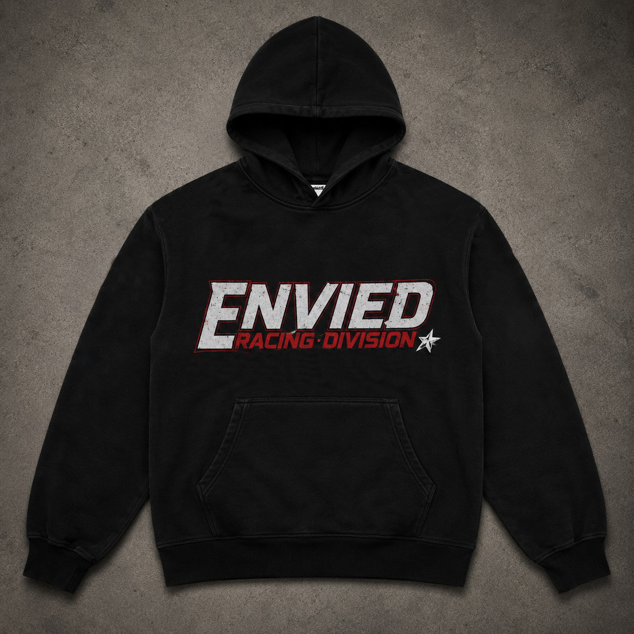 Trust None zip hoodie — split black and charcoal with red TRUST NONE print wrapped in barbed wire