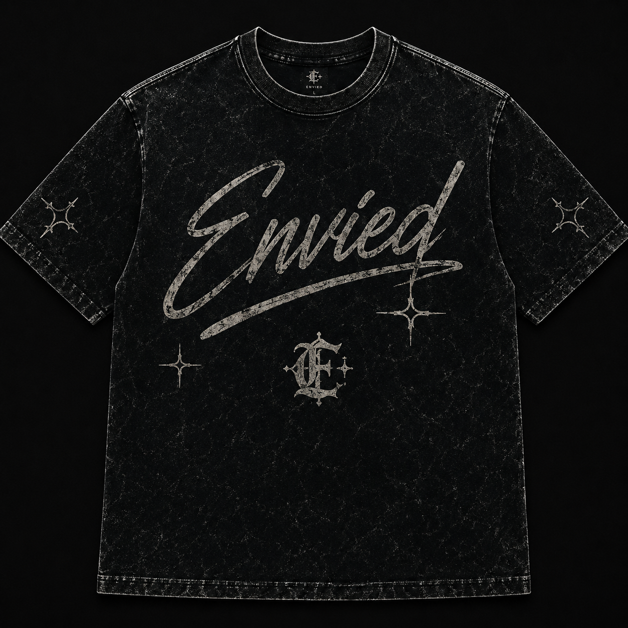 Wrath Wears Tee — charcoal heavyweight tee with white gothic text across the chest
